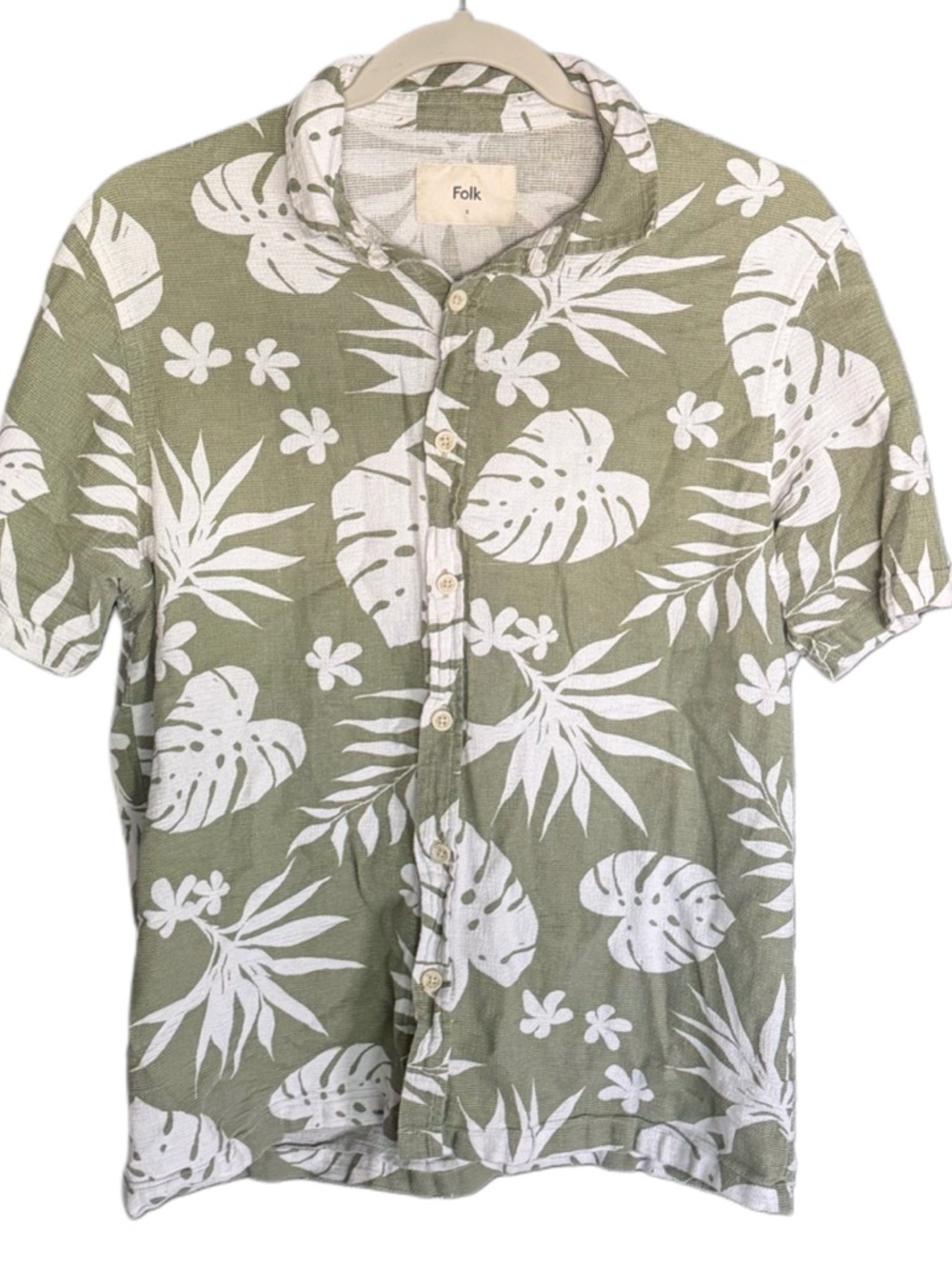 Folk Mens Small Green Tropical Button Up Shirt Cotton Short Sleeve Casual Beach